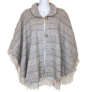 Woven Wool Cape Poncho with Wood Button Closure Beige Stripe Fringed